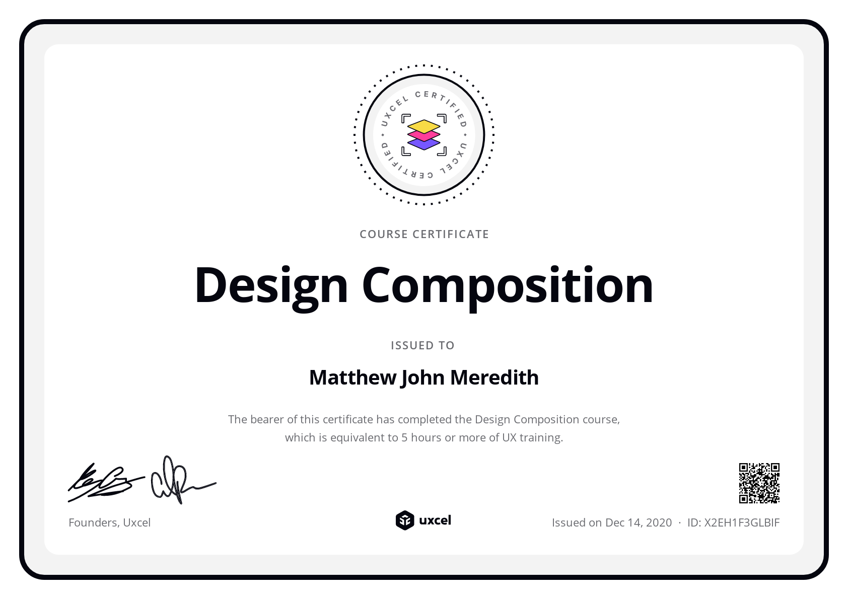 Matthew John Meredith's certificate